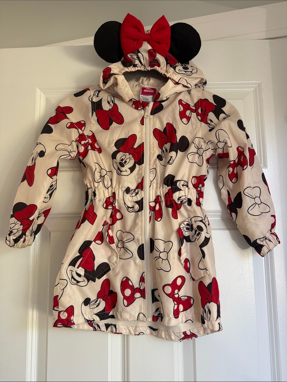 Disney Girls' Minnie Mouse Cream and Red Hooded Raincoat